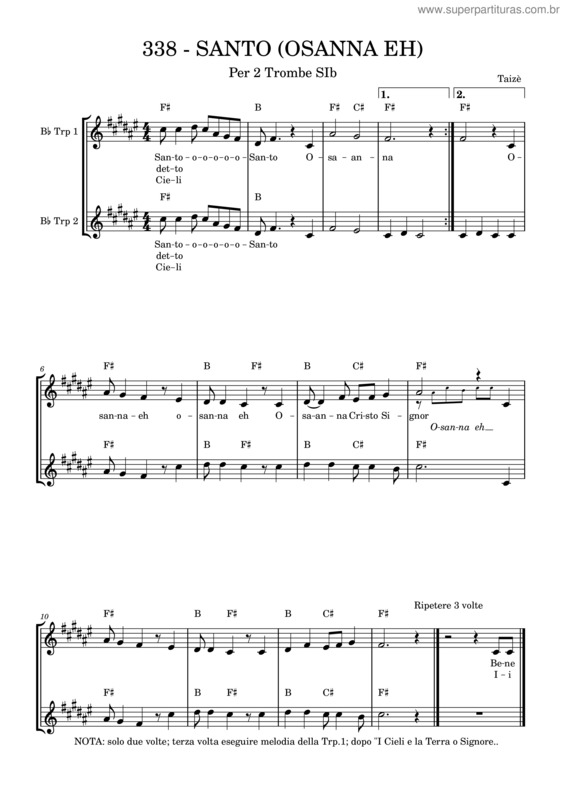 Partitura da música Santo – Osanna Eh – Misc Traditional 338 – Santo  Osanna Eh  – 2 Trombe