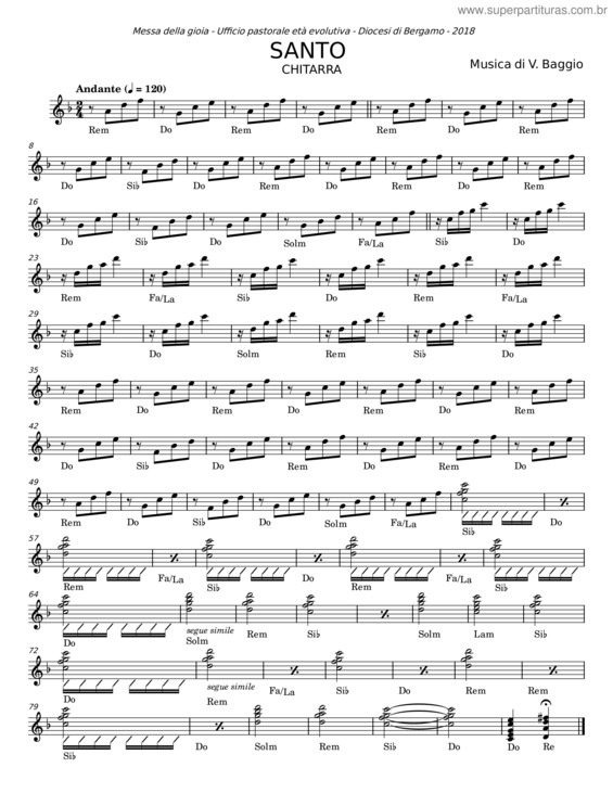 Partitura da música Santo – V. Baggio – T. Manent