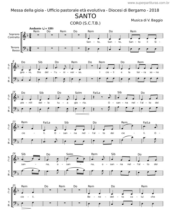 Partitura da música Santo – V. Baggio