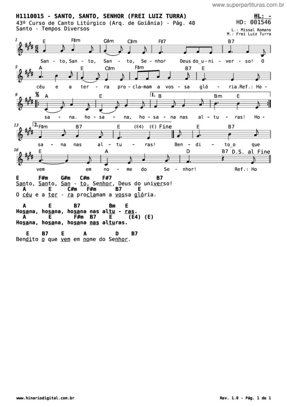 Partitura da música Santo, Santo, Senhor  – Frei Luiz Turra