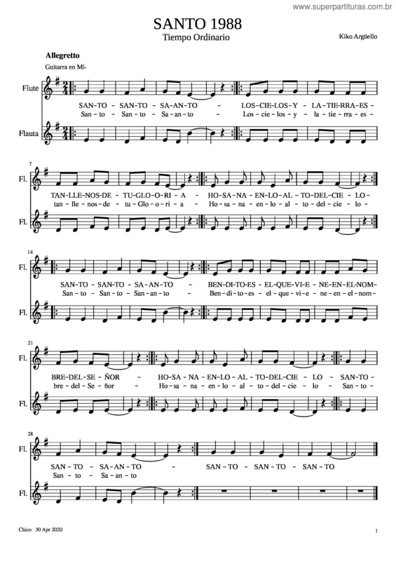 Partitura da música Santo 1988   Tiempo Ordinario  En Mi–