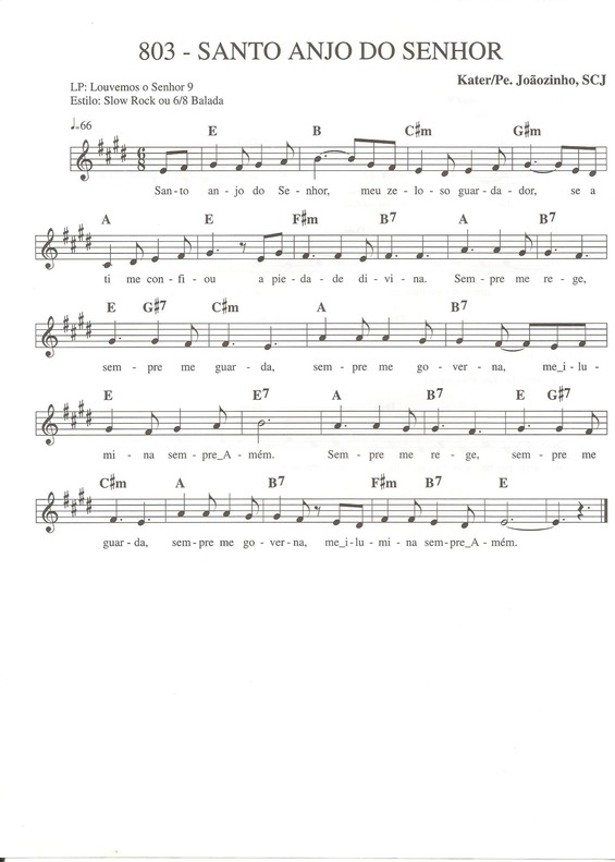 Partitura da música Santo Anjo do Senhor