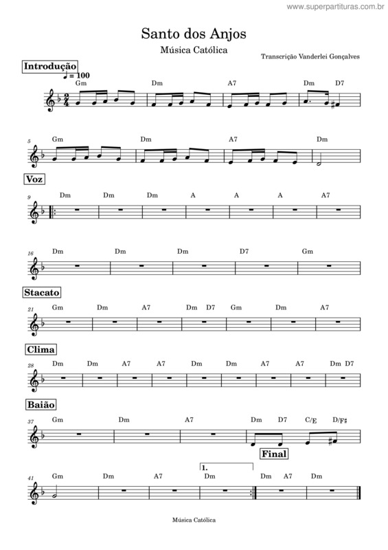 Partitura da música Santo Dos Anjos  – Igreja Catolica