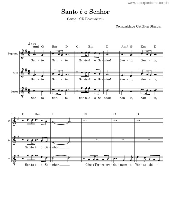 Partitura da música Santo É O Senhor – Comunidade Católica Shalom