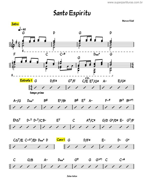 Partitura da música Santo Espíritu – Marcos Vidal