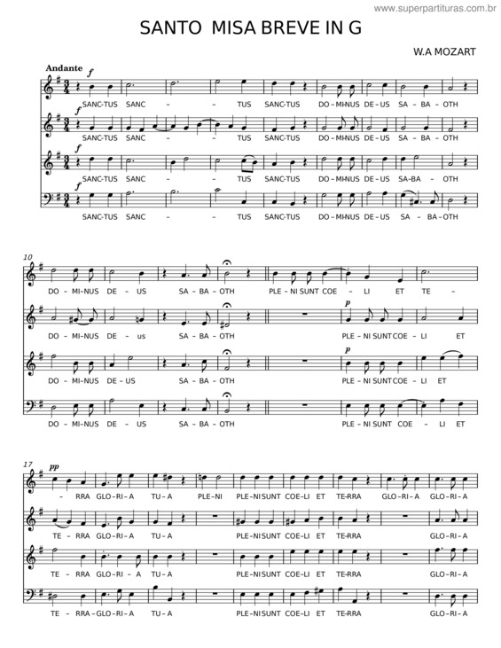 Partitura da música Santo Misa Breve In G – W. A Mozart