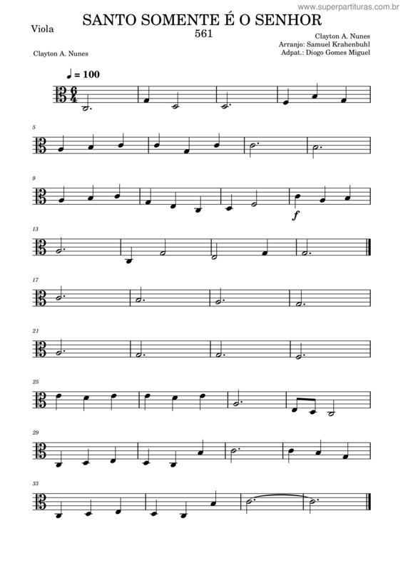 Partitura da música Santo Somente É O Senhor – Novo Hinário Adventista – 561 – Clayton A Nunes – Adpat.: Diogo Miguel