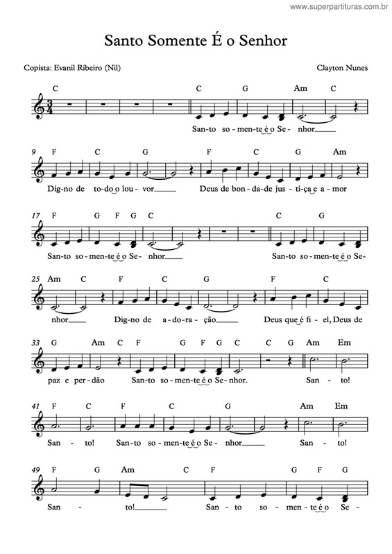 Partitura da música Santo Somente É O Senhor