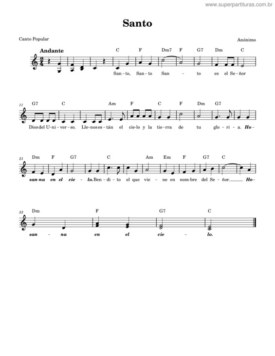 Partitura da música Santo v.73