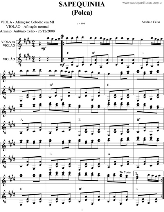 Partitura da música Sapequinha