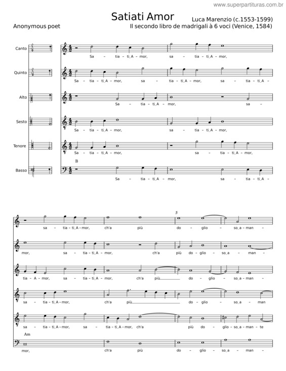 Partitura da música Satiati Amor Ch`A Più Doglioso Amante – Luca Marenzio