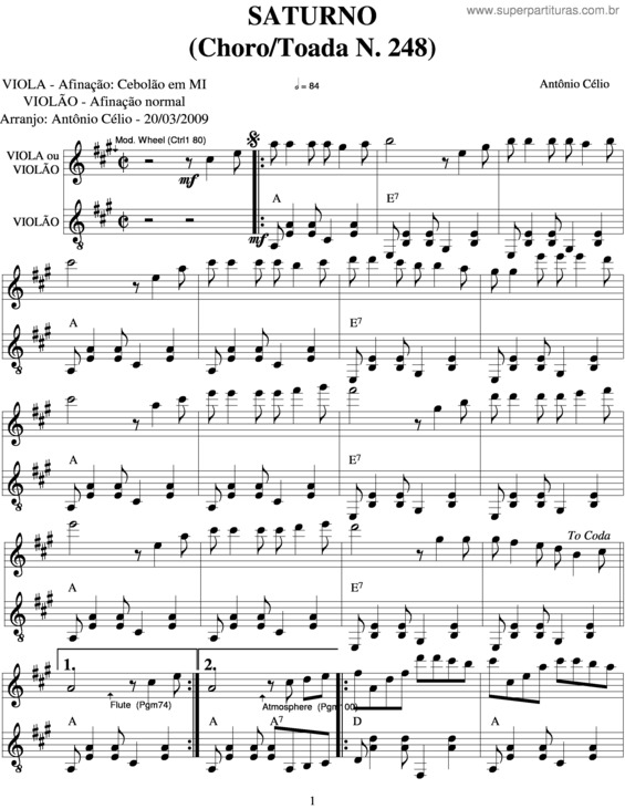 Partitura da música Saturno