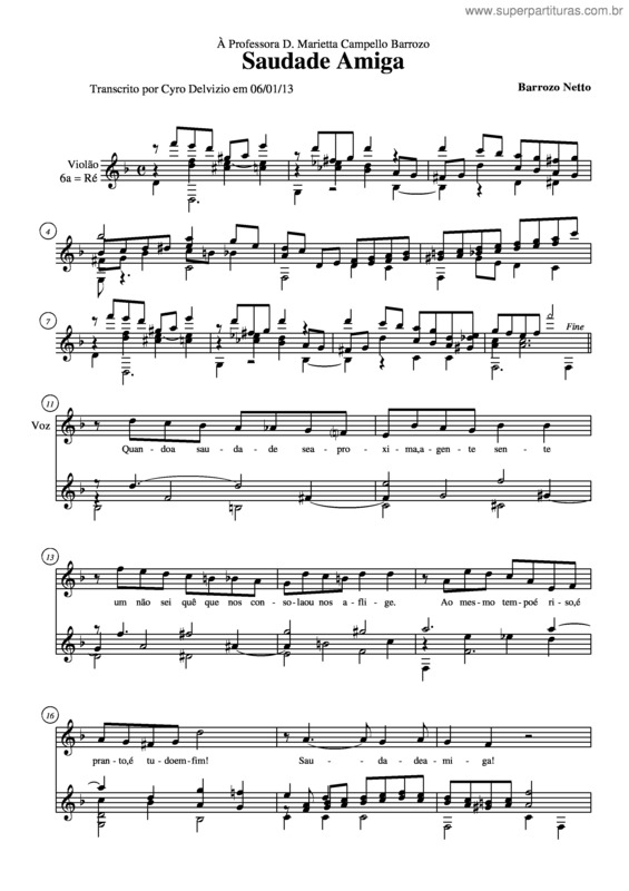 Partitura da música Saudade amiga