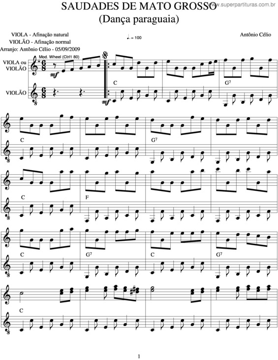 Partitura da música Saudades De Mato Grosso