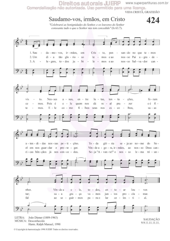 Partitura da música Saudamo-vos, Irmãos, Em Cristo - 424 HCC v.2