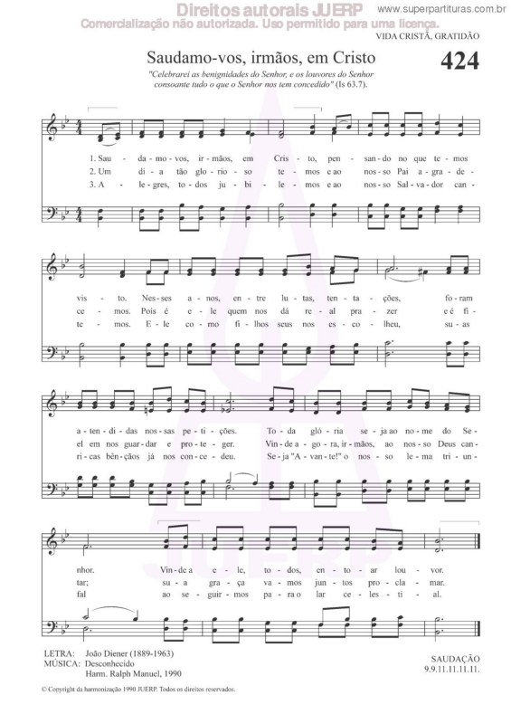 Partitura da música Saudamo-vos, Irmãos, Em Cristo - 424 HCC v.2