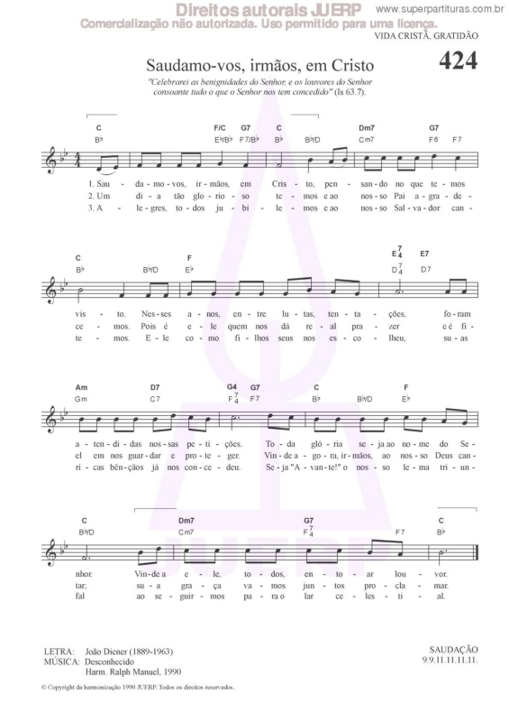 Partitura da música Saudamo-vos, Irmãos, Em Cristo - 424 HCC