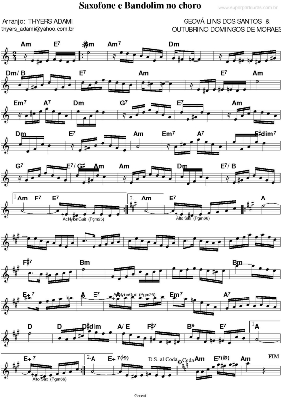 Partitura da música Saxofone e Bandolim no Choro