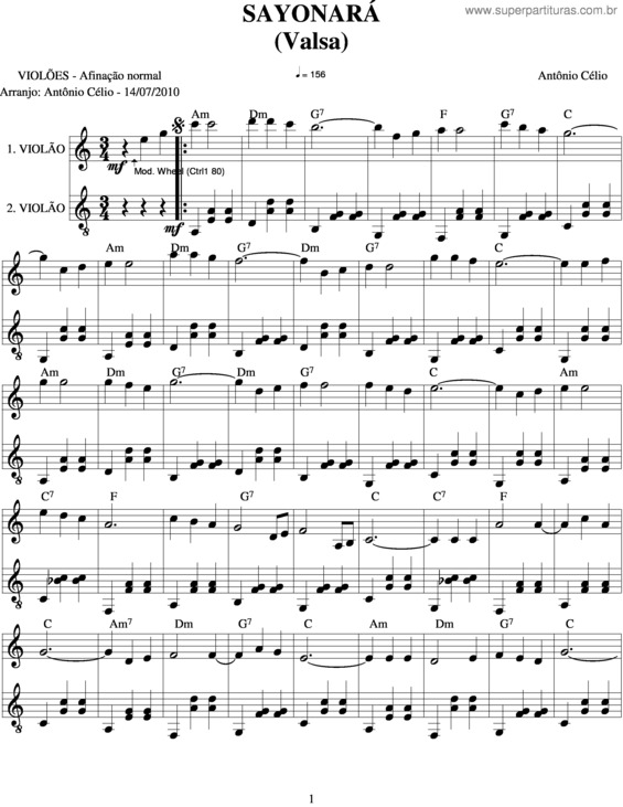 Partitura da música Sayonará