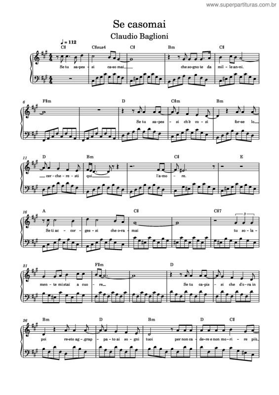 Partitura da música Se Casomai – Claudio Baglioni