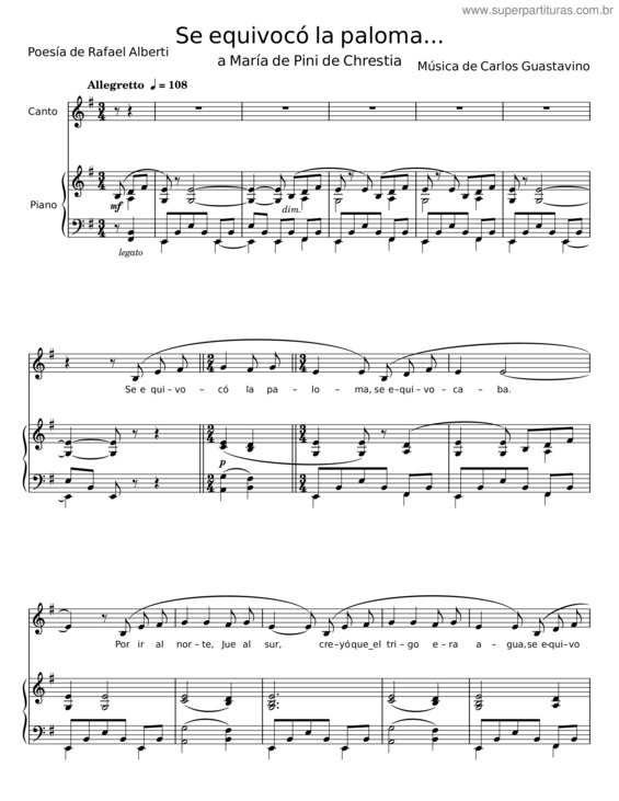 Partitura da música Se Equivocó La Paloma – Carlos Guastavino