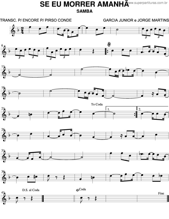 Partitura da música Se Eu Morrer Amanhã