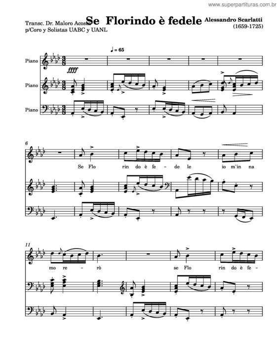 Partitura da música Se Florindo E Fedele – Alessandro Scarlatti Se Florindo È Fedele