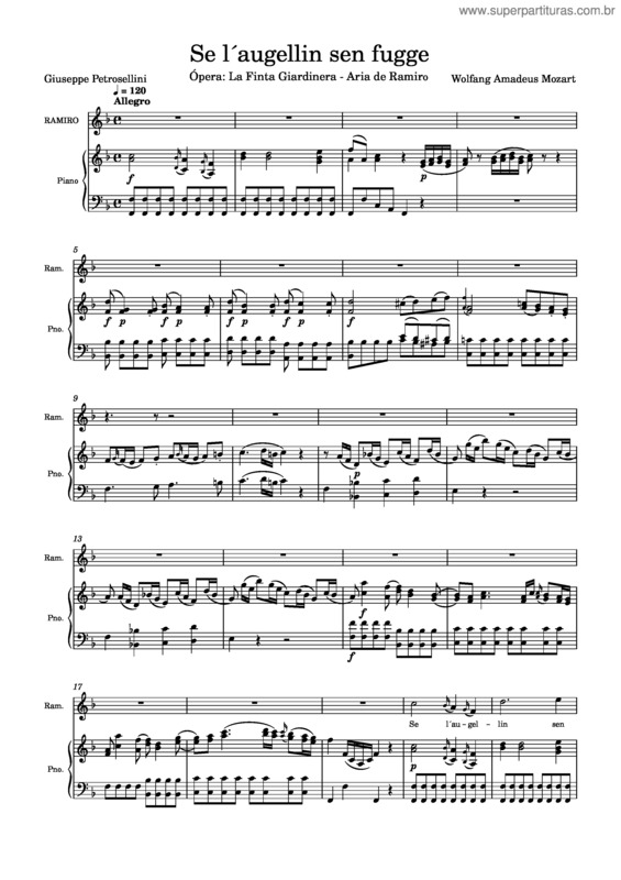 Partitura da música Se L´Agugellin Sen Fugge – Ópera La Finta Giardinera – Aria De Ramiro