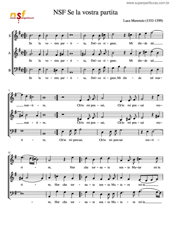 Partitura da música Se La Vostra Partita – Marenzio – Sab