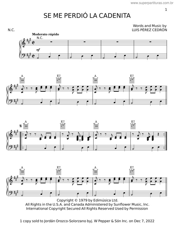 Partitura da música Se Me Perdió La Cadenita – Luis Pérez Cedrón