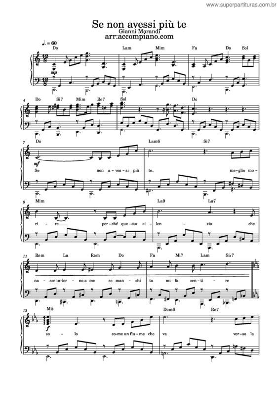 Partitura da música Se Non Avessi Più Te