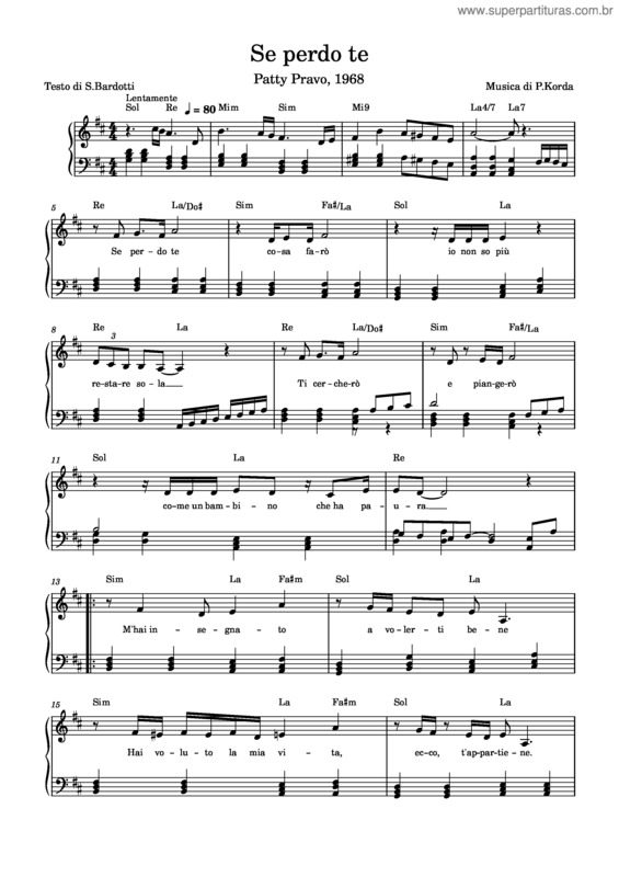 Partitura da música Se Perdo Te  – Patty Pravo