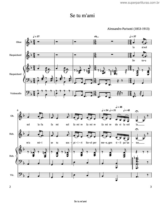 Partitura da música Se Tu M`Ami – Alessandro Parisotti Se Tu M`Ami – Low