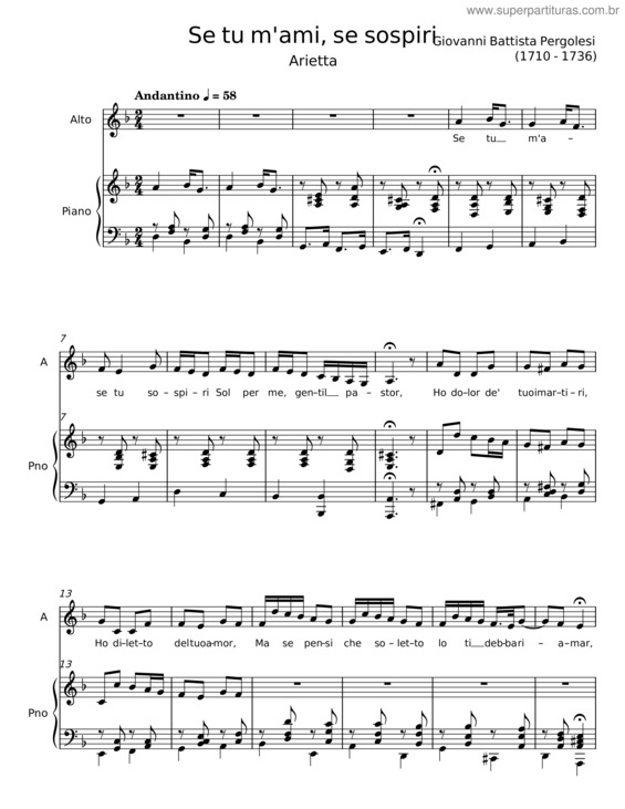 Partitura da música Se Tu M`Ami, Se Sospiri – Giovanni Battista Pergolesi