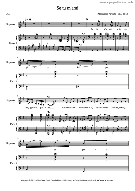 Partitura da música Se Tu Mami Se Sospiri – Alessandro Parisotti