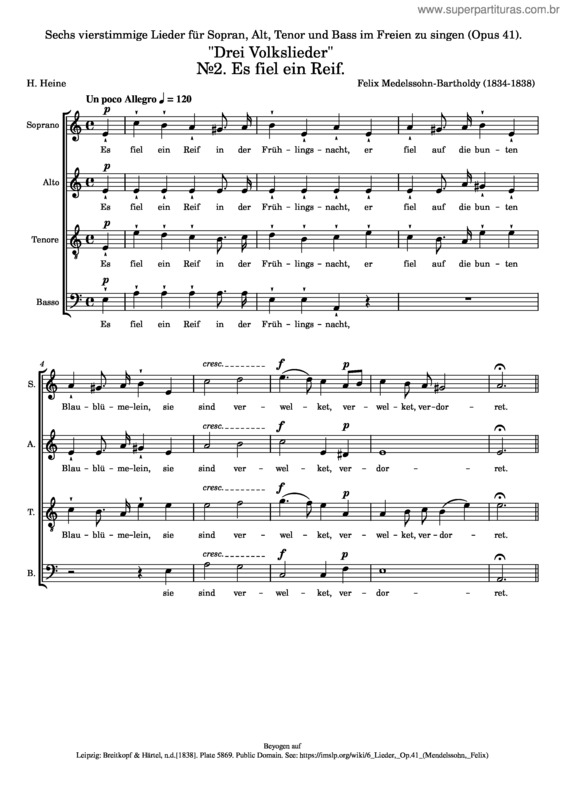 Partitura da música Sechs Vierstimmige Lieder, Op. 41, Drei Volkslieder No.2 Es Fiel Ein Reif. – Felix Mendelssohn