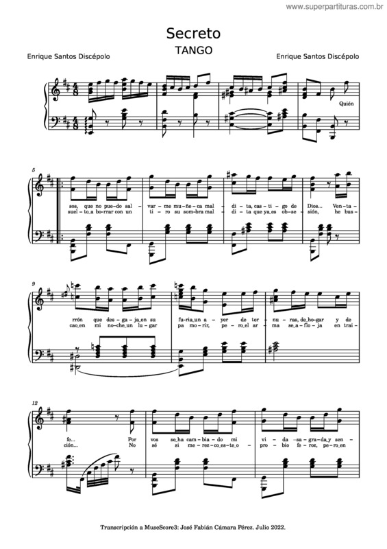 Partitura da música Secreto – Enrique Santos Discépolo