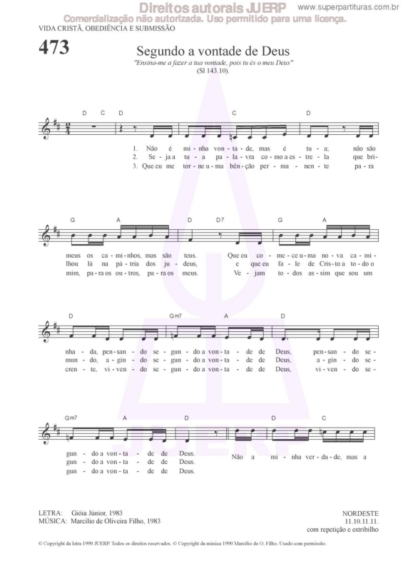 Partitura da música Segundo A Vontade De Deus - 473 HCC