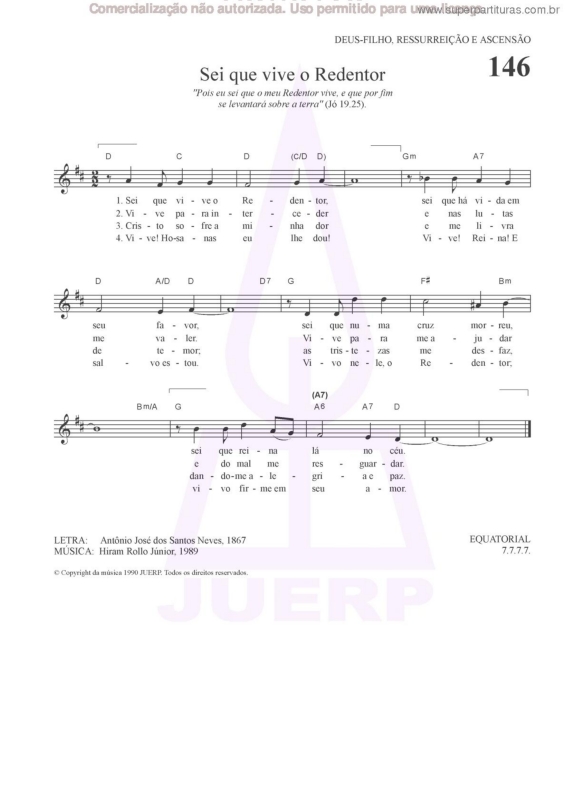 Partitura da música Sei Que Vive O Redentor - 146 HCC