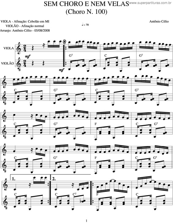 Partitura da música Sem Choro E Nem Velas