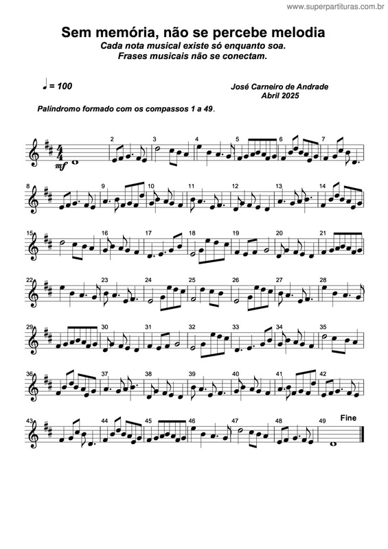 Partitura da música Sem Memória, Não Se Percebe Melodia