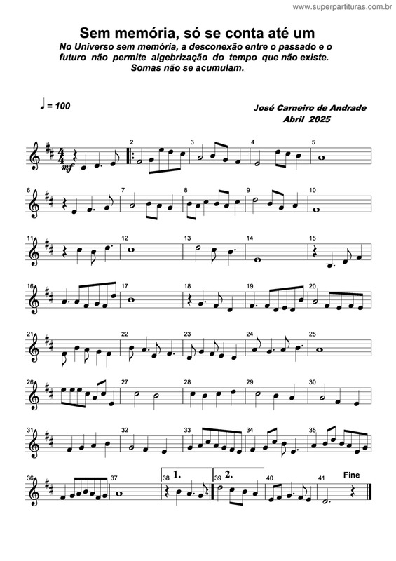 Partitura da música Sem Memória, Só Se Conta Até Um