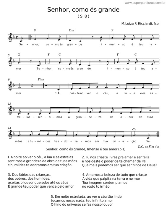 Partitura da música Senhor, Como És Grande