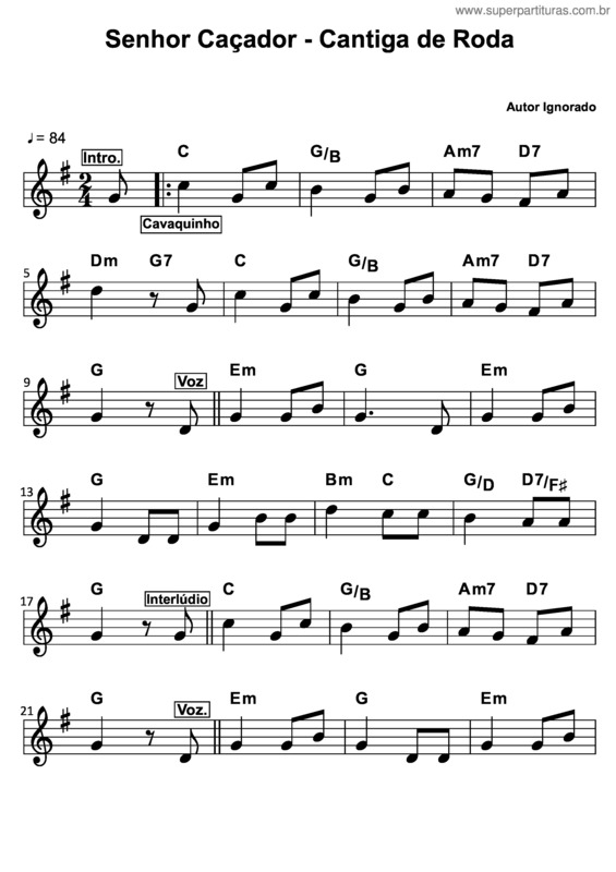Partitura da música Senhor Caçador
