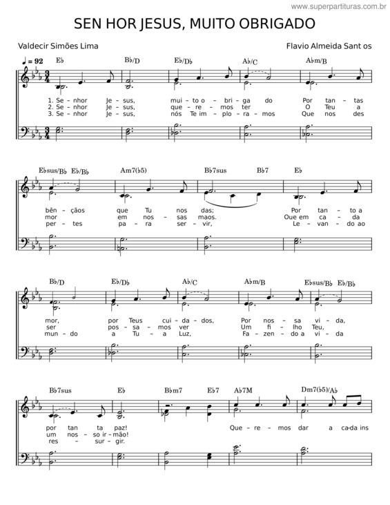 Partitura da música Senhor Jesus, Muito Obrigado – Valdecir Simões Lima