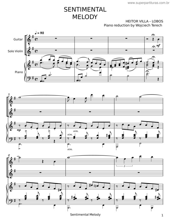 Partitura da música Sentimental Melody – Heitor Villa–Lobos