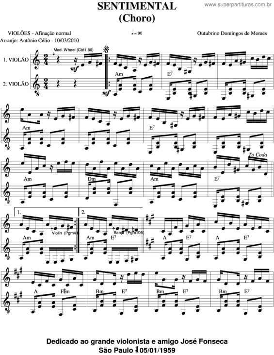 Partitura da música Sentimental v.7