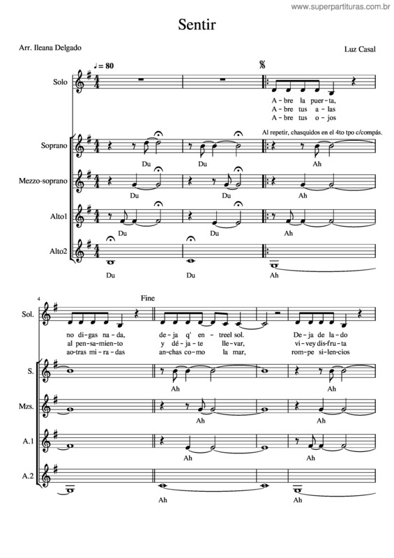 Partitura da música Sentir De Luz Casal Para Entrelas