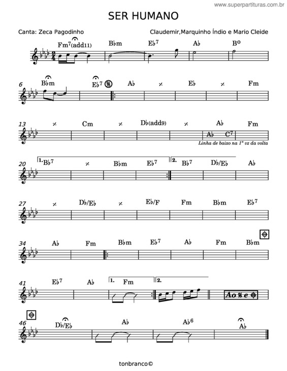 Partitura da música Ser Humano – Claudemir;Marquinho Índio;Mario Cleide