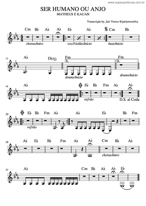 Partitura da música Ser Humano Ou Anjo